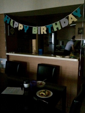 My surprise birthday breakfast ... so dark because he has to leave for work at 6:30 AM!